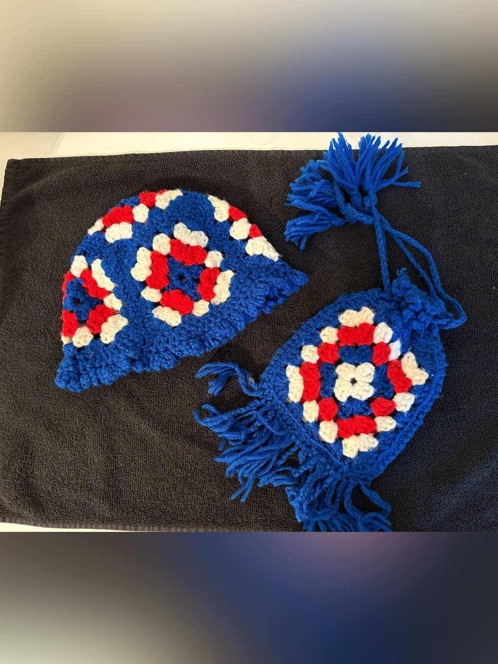 Vintage 1960s–1970s Crochet Red White Blue Granny Square Hat & Purse
